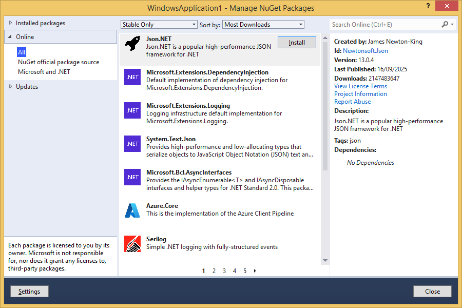 NuGet Package Manager loading succeeded